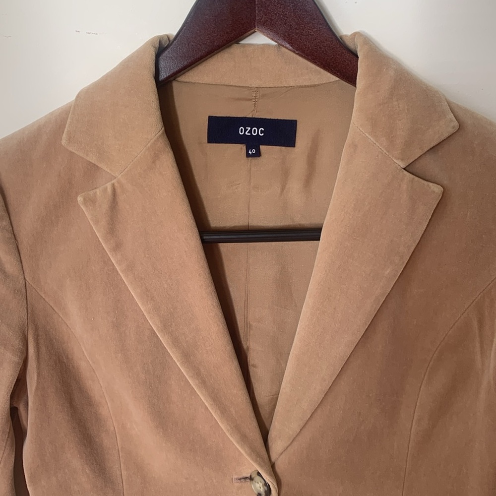 OZOC VELVET BLAZER TORTOISE BUTTONS WOMENS 40 DOUBLE BUTTON LINED CAMEL TAN EUC - Picture 6 of 11